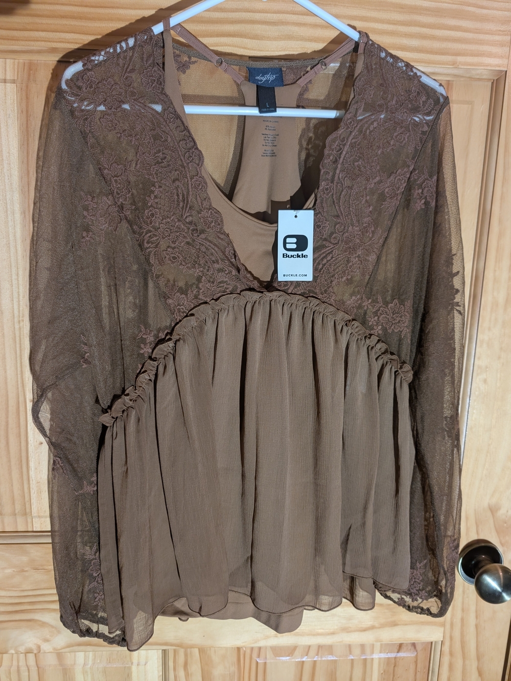 Daytrip Brown Lace Overlay Women's Blouse